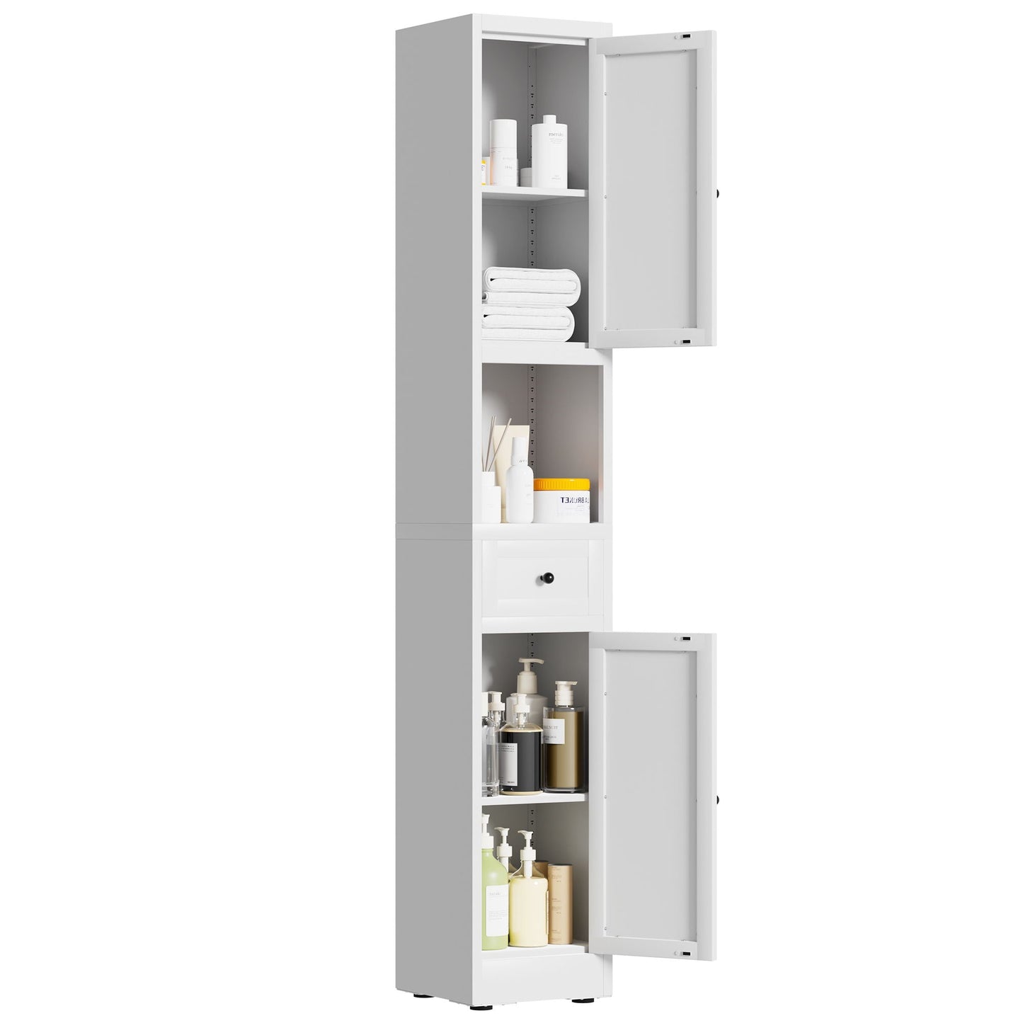 Tall Bathroom Storage Cabinet, 5-Tier Narrow With 2 Doors & Adjustable Shelves, Freestanding - White