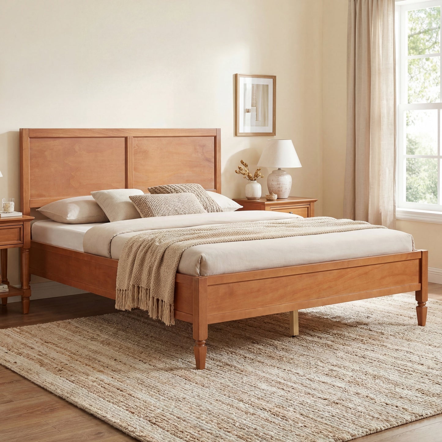 Queen Size Wood Platform Bed Frame with Classic Panel Headboard