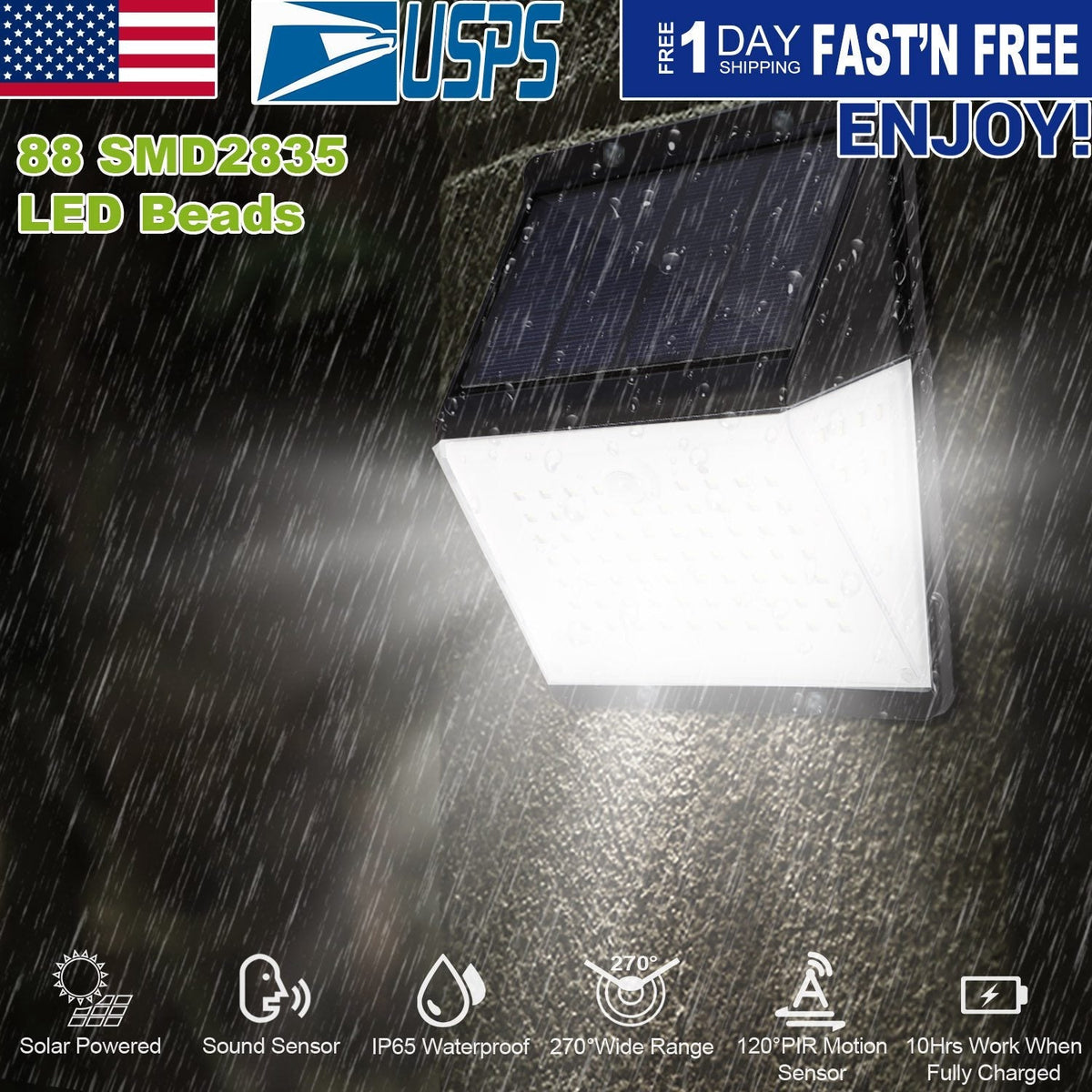 Solar Lights 88 LEDs Wall Lamps Outdoor 120¡ Motion Sensor Sound Control Lightings 270¡Illumination IP65 Waterproof w/ 2.5m Extend Wire for Garage Gar