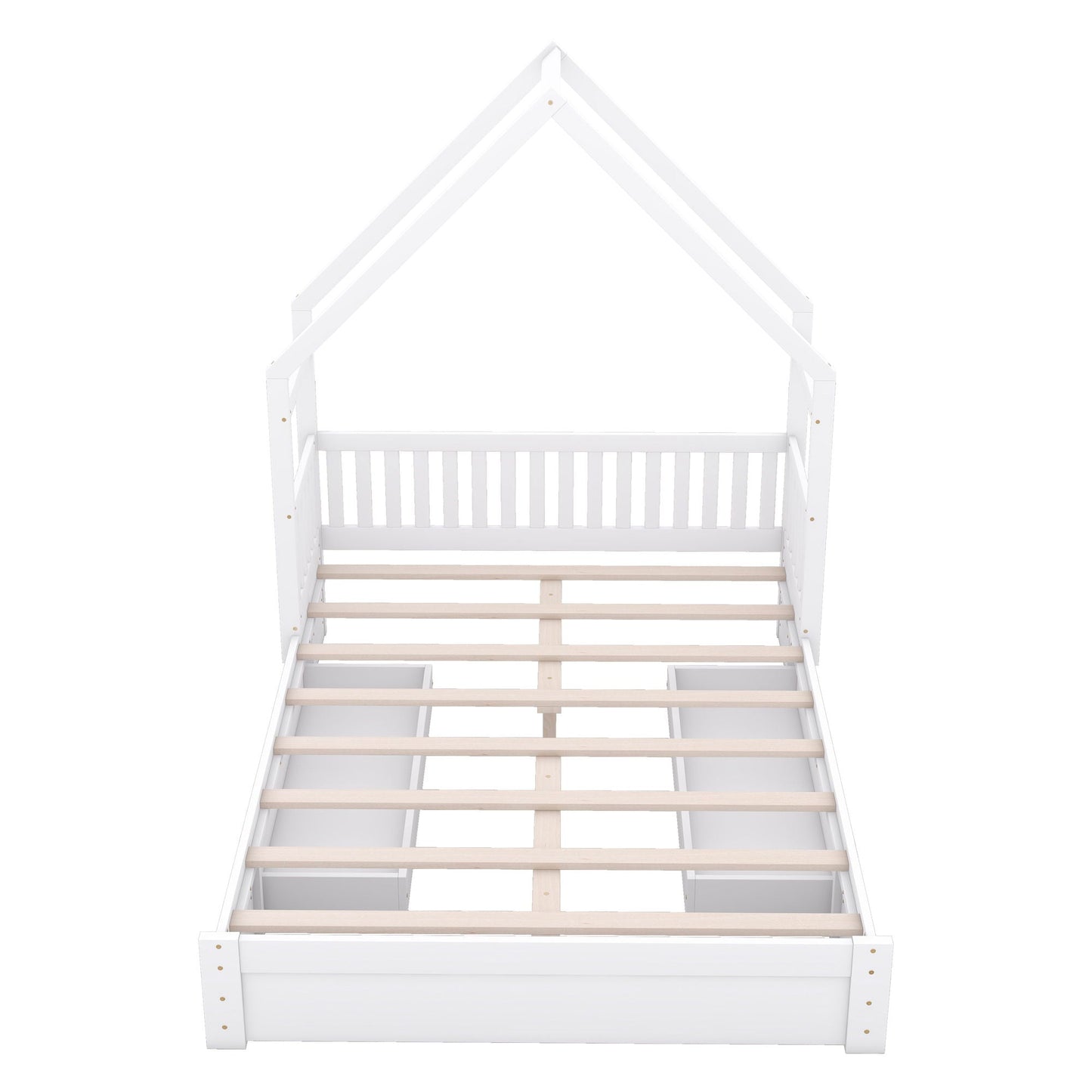 House Style Platform Bed With Guardrail And 2 Drawers