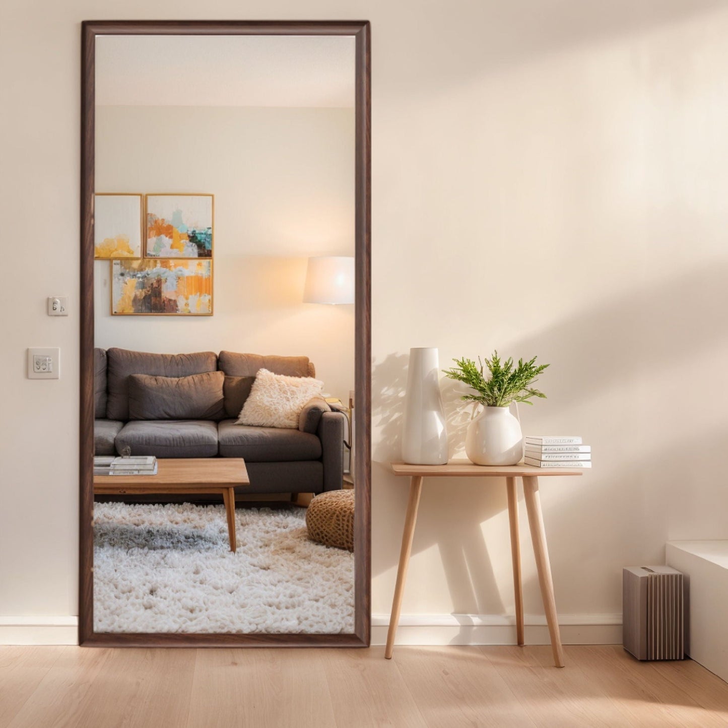 Vintage Full Length Mirror Wall Mounted With Faux Wooden Frame - Brown