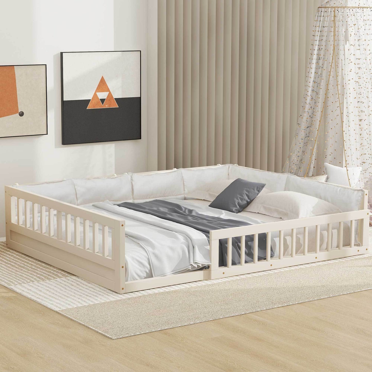 Wood Full Size Upholstered Platform Bed with Guardrail and Pillow