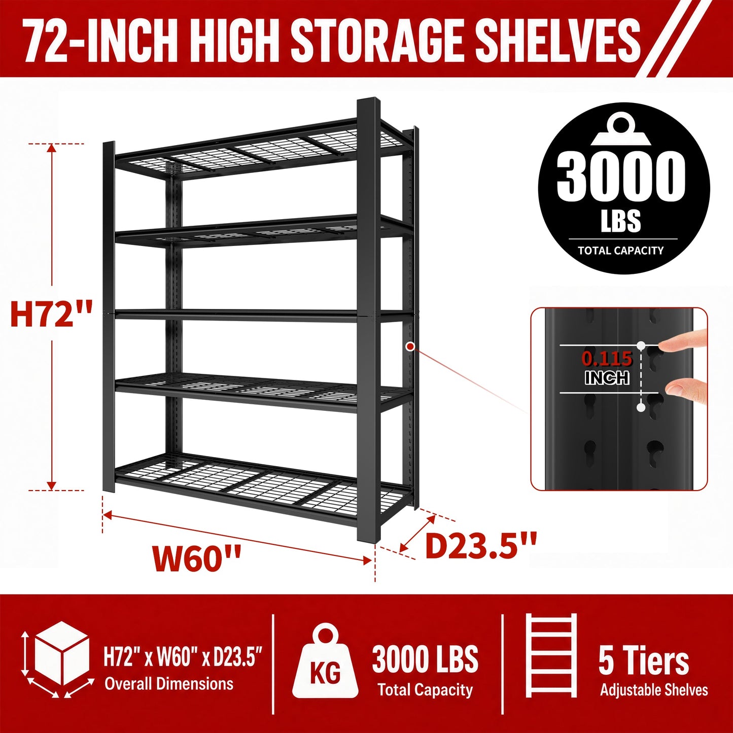 72"H 5-Tier Adjustable Heavy Duty Shelving Rack