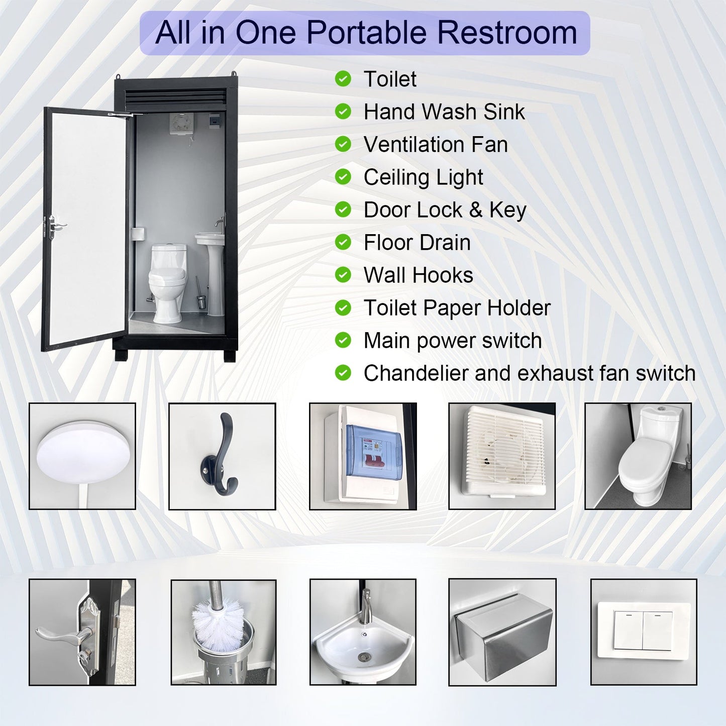 Person Portable Toilet Cabin – Outdoor Restroom with Light, Sink & Vent Fan