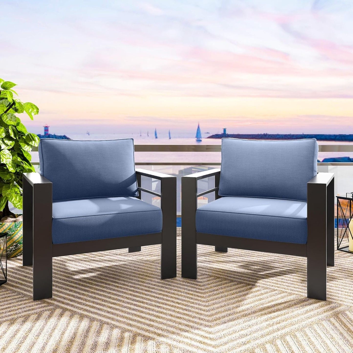 Modern All-Weather Patio Armchairs With Thick Cushions (Set of 2)