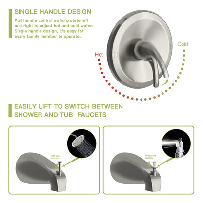 10" Round Rain Shower Head System With Waterfall Tub Spout, Wall Mounted, Stainless Steel