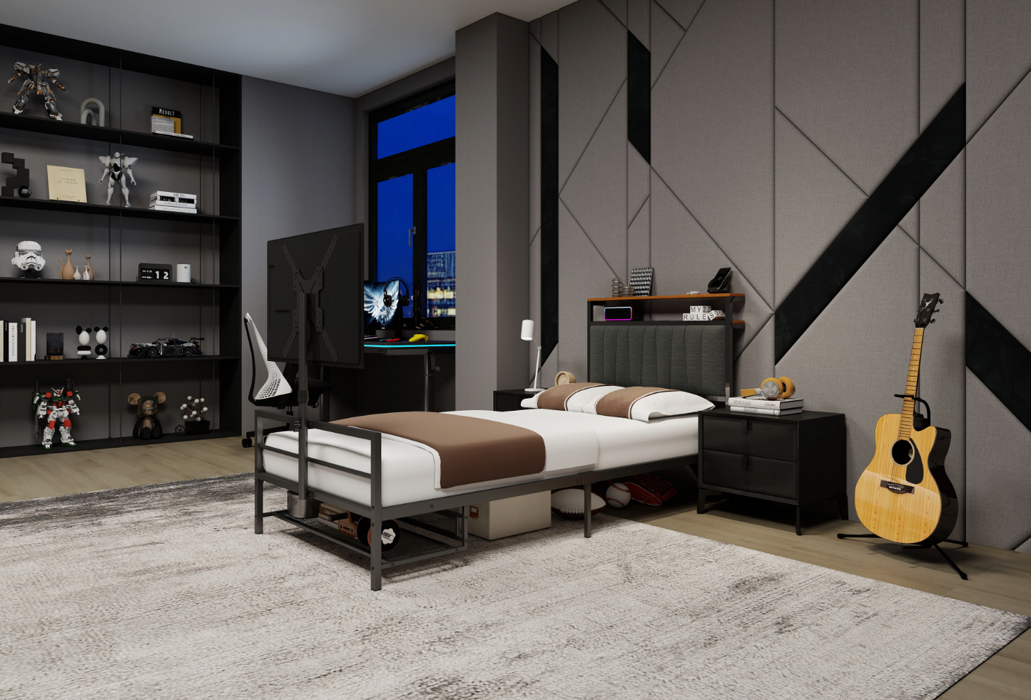 Twin Size Gaming Bed with Rotating TV Mount and LED Lighting