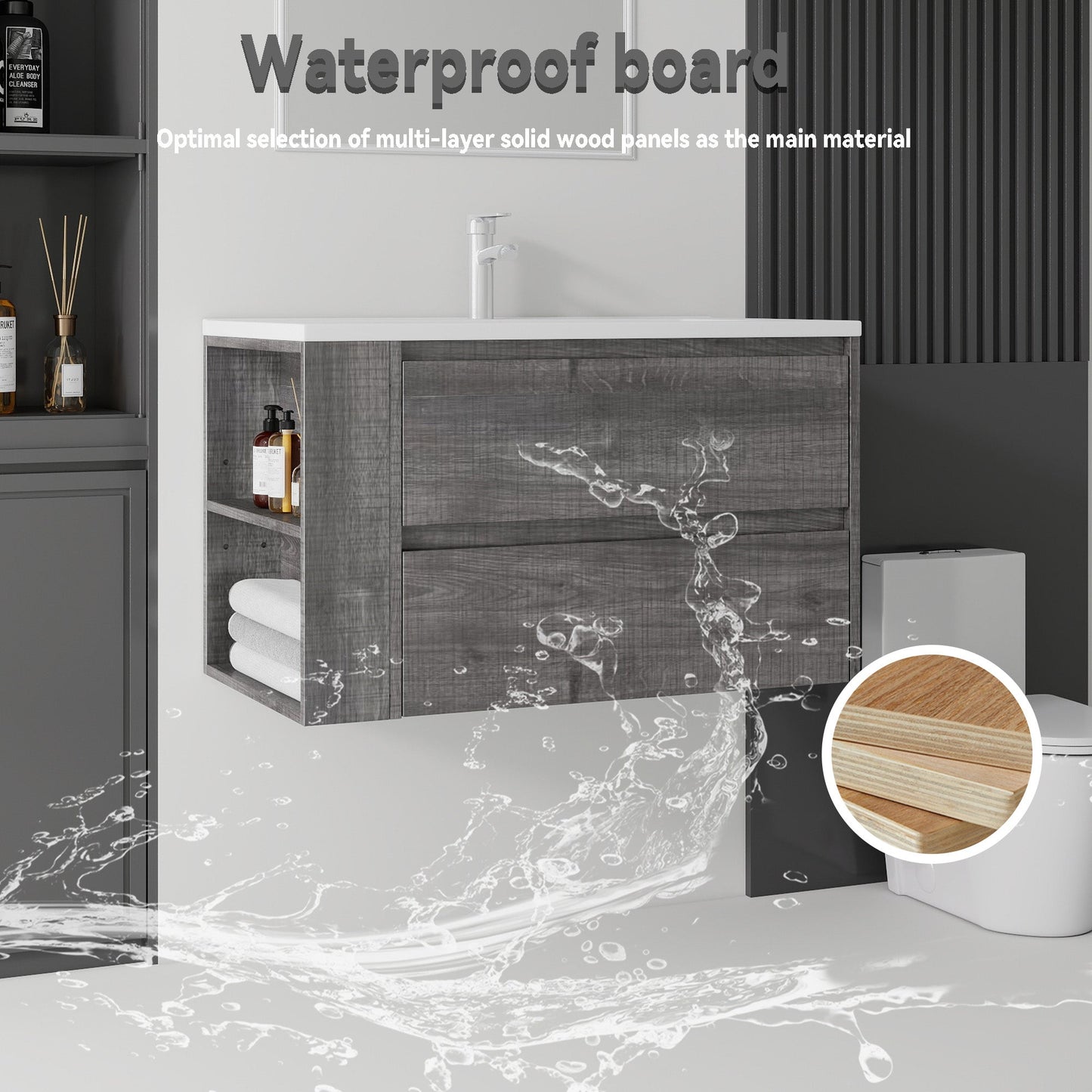 36 Inch Floating Bathroom Vanity with Sink, Soft-Close Door, Ceramic Sink, Plywood