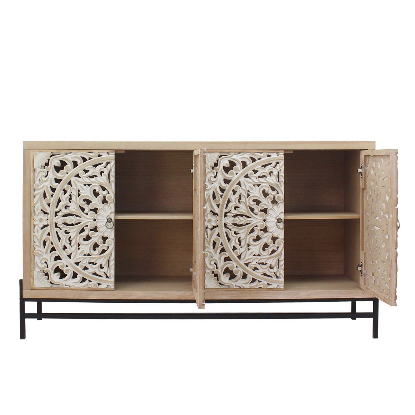 4 Door Wood Cabinet, Vintage Carved Wood with Metal Base