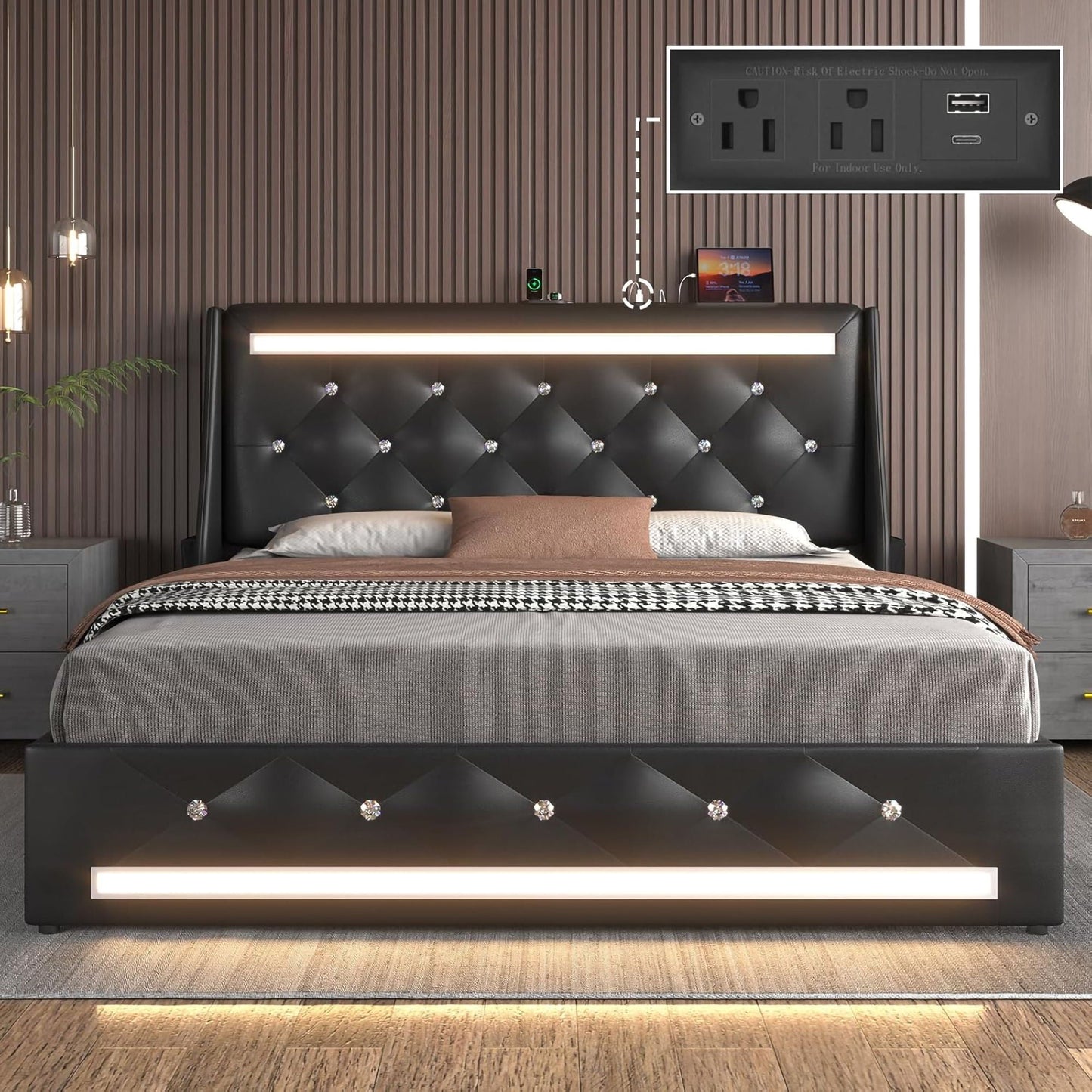 Wingback Upholstered Bed Frame With LED Lights, Charging Station