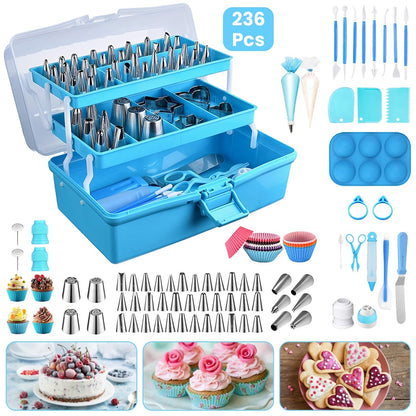236Pcs Cake Decorating Kit Baking Tools Accessories Cake Decorating Supplies with Piping Tips Couplers and Bags Cookie Cutters Baking Cups Scrapers Fl