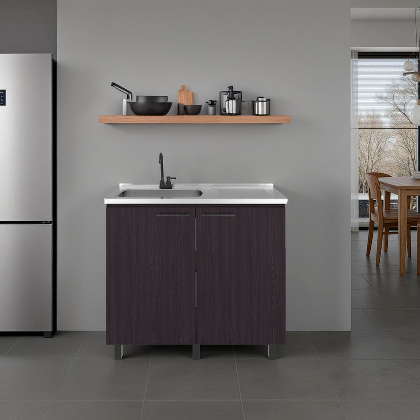 Napoles 2 Utility Sink with Cabinet, Stainless Steel Countertop, Interior Shelf - Wenge