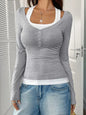 Contrast Long Sleeve Fake Two-Piece T-Shirt