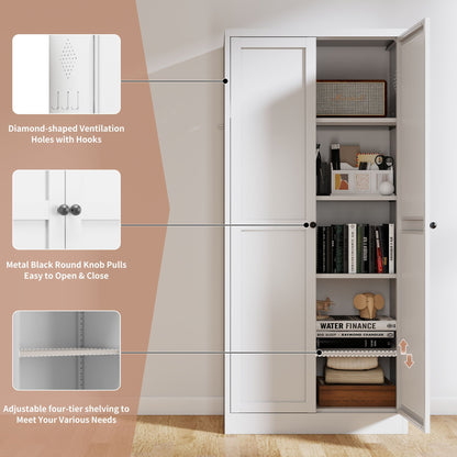 Metal Kitchen Pantry Cabinet With Adjustable Storage And 4 Heavy Duty Shelves - White