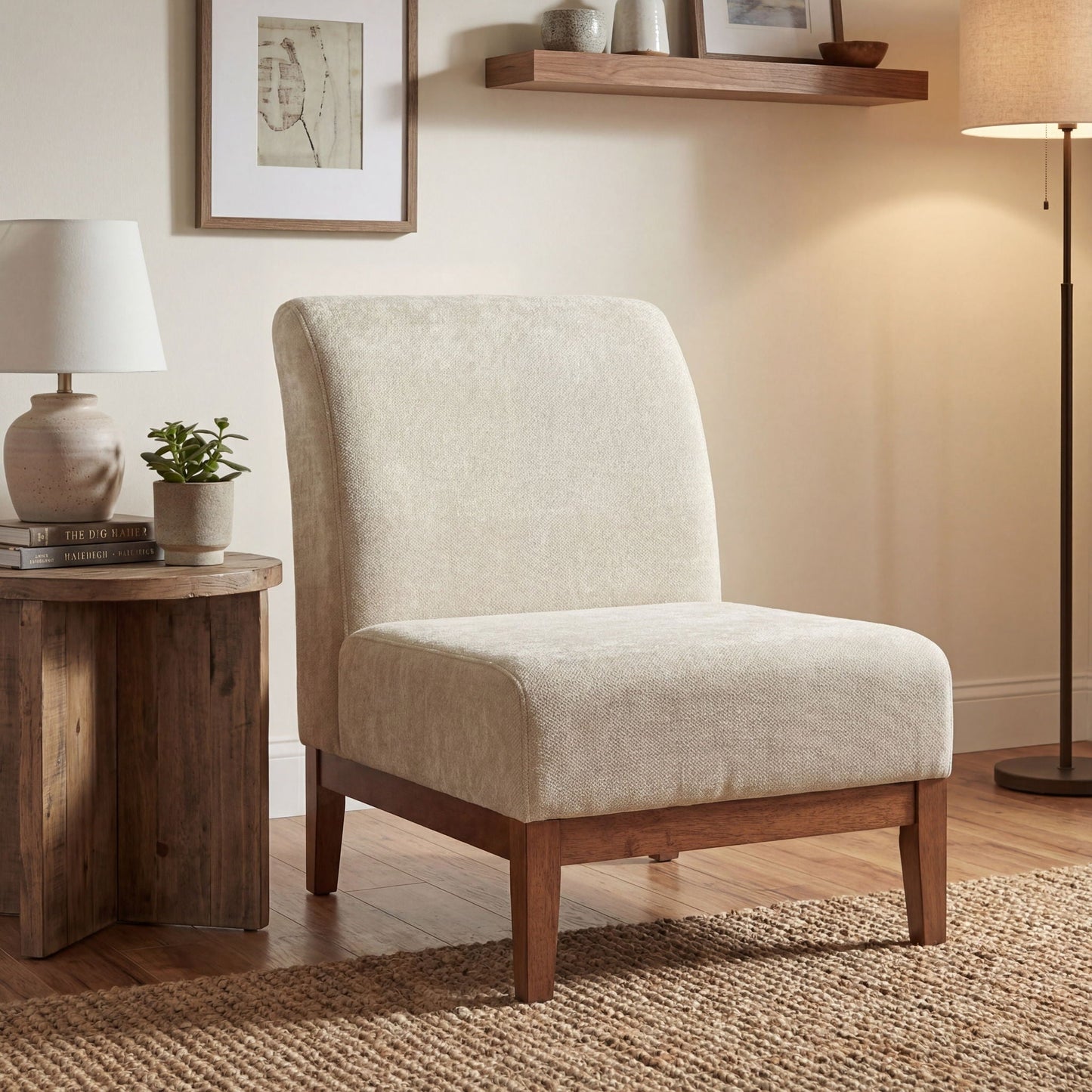 Upholstered Accent Chair - Beige / Walnut