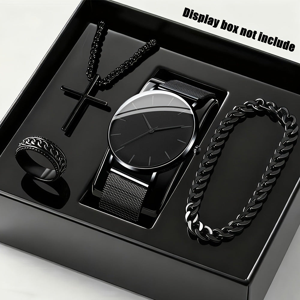 Men's Fashion Watch Ring Necklace Bracelet Set - Stainless Steel Jewelry Collection for Daily Wear