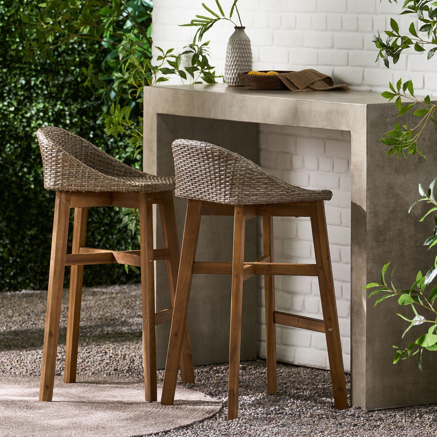 Beeson Outdoor Wicker and Acacia Wood Barstools Set, Water Resistant - Brown