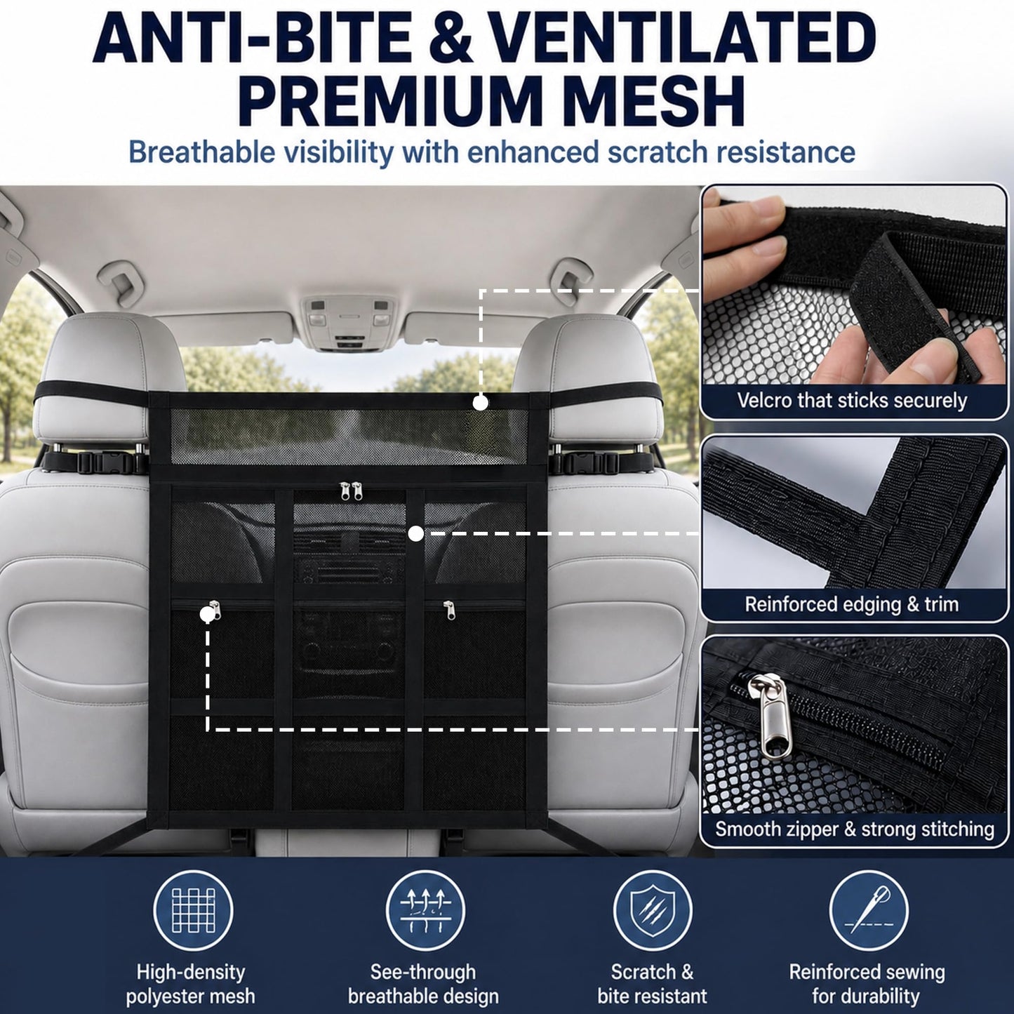 Car Dog Barrier With Hook And Loop Fastener Dual Zipper For Car SUV Breathable Mesh Barrier With Hook And Loop Fastener Keeps Pets Safely In Back Seat. Easy Installation