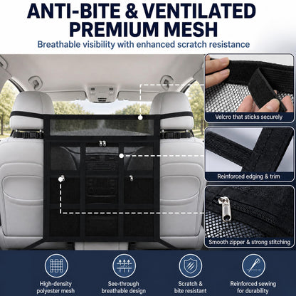 Car Dog Barrier With Hook And Loop Fastener Dual Zipper For Car SUV Breathable Mesh Barrier With Hook And Loop Fastener Keeps Pets Safely In Back Seat. Easy Installation