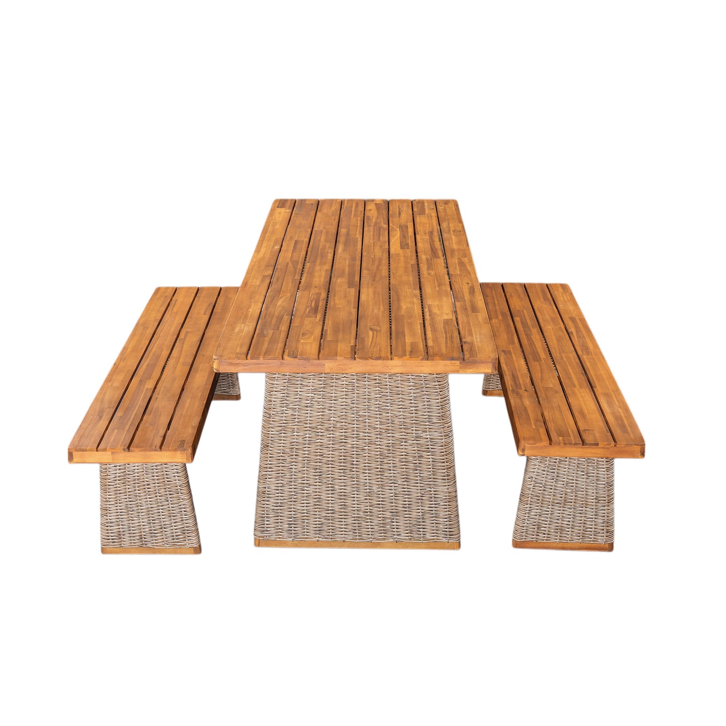 Outdoor 3 Piece Acacia Wood Dining Set with Handwoven Rattan Legs
