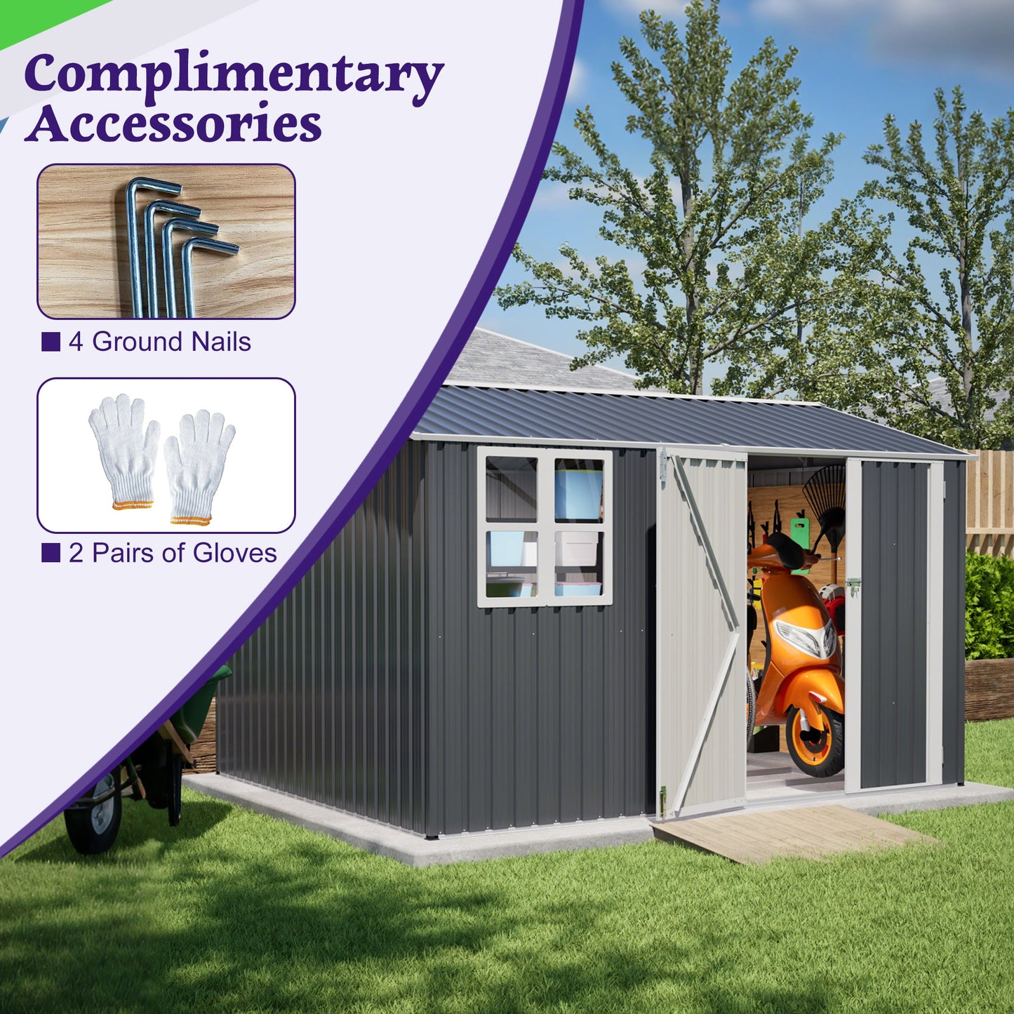 10X8FT Outdoor Steel Storage Shed with Clear Window, Lockable Doors