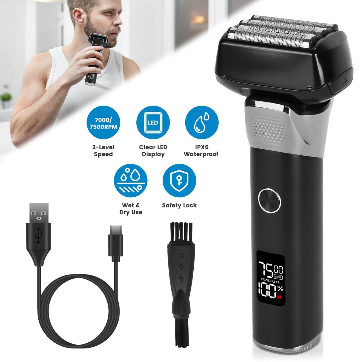 Electric Foil Face Shaver 5-Blade Electric Razor for Men Wet & Dry Jawline Beard Trimmer Precision Sideburn Shavers IPX6 Waterproof with LED DisplayÊC