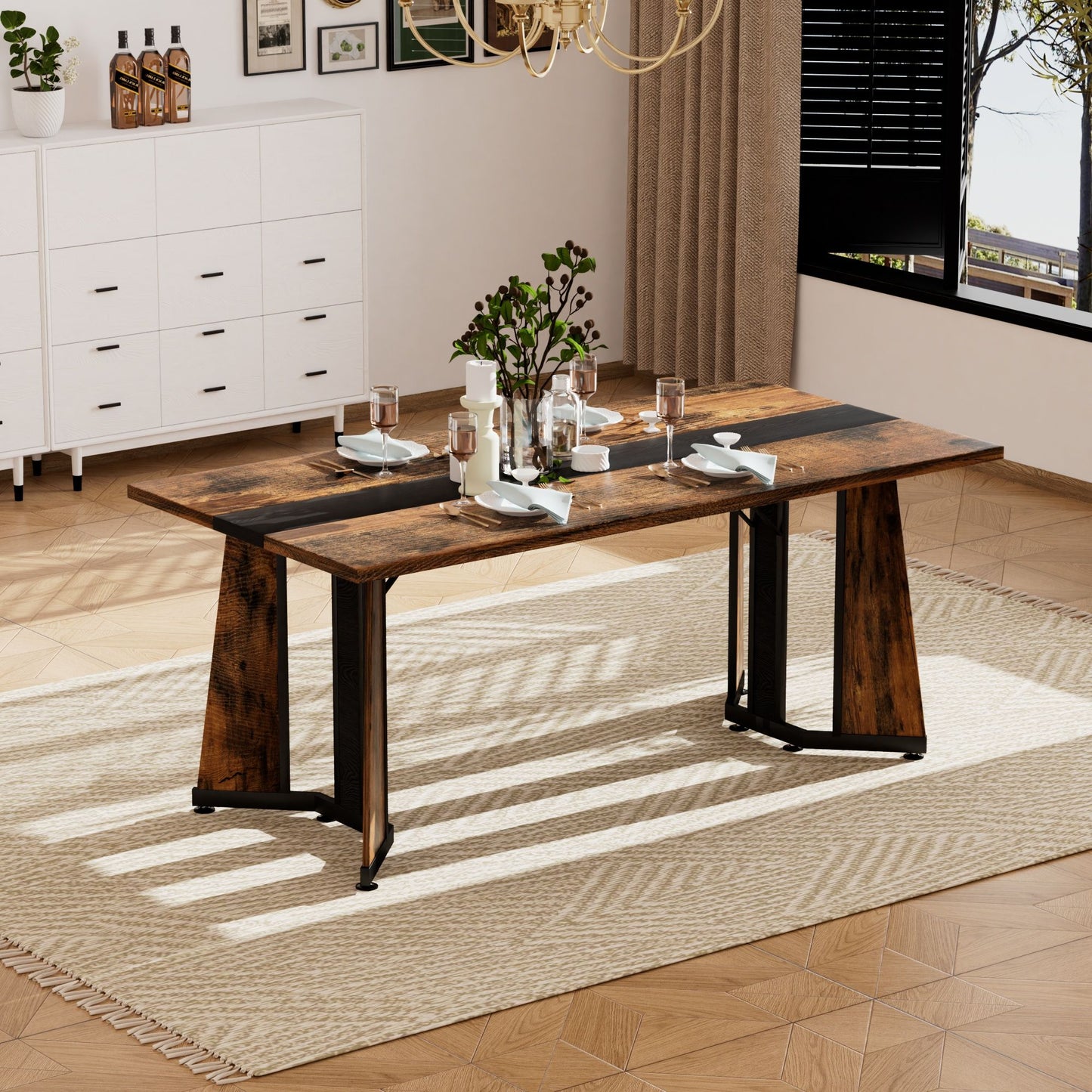 Rustic Rectangular Large Dining Table, Waterproof Desk For 8 People, & Steel With Adjustable Legs - Black / Rustic Brown