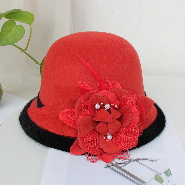 Black Brim Woolen British Feather Flower Top Hat
