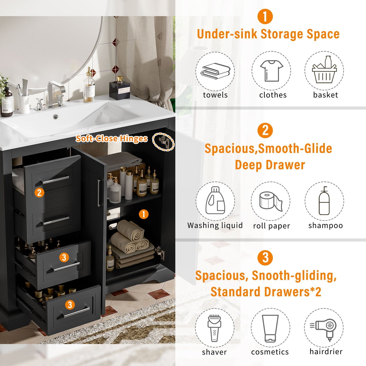 Bathroom Vanity With Sink, Soft Close Doors, Adjustable Shelf & 3 Drawers