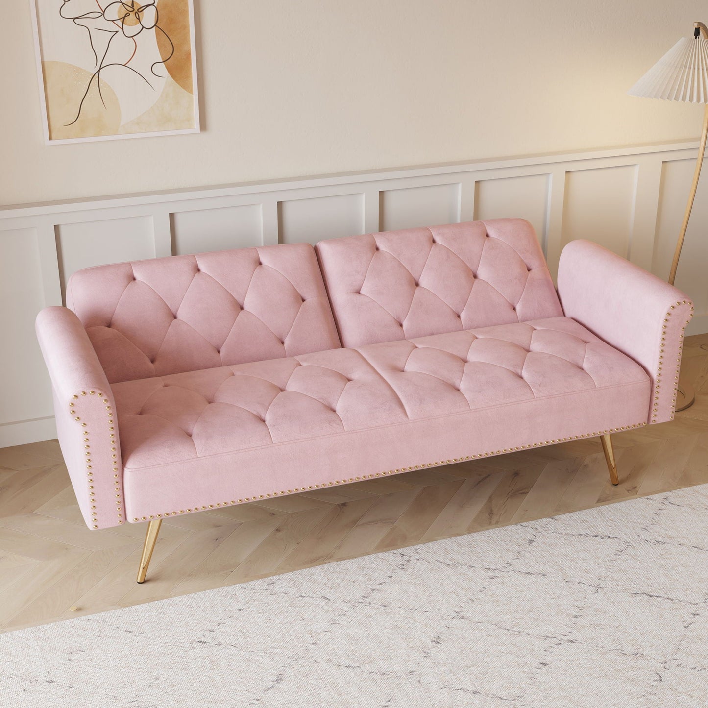 Luxurious Sofa Bed With Nail Head Trim And Matching Pillow
