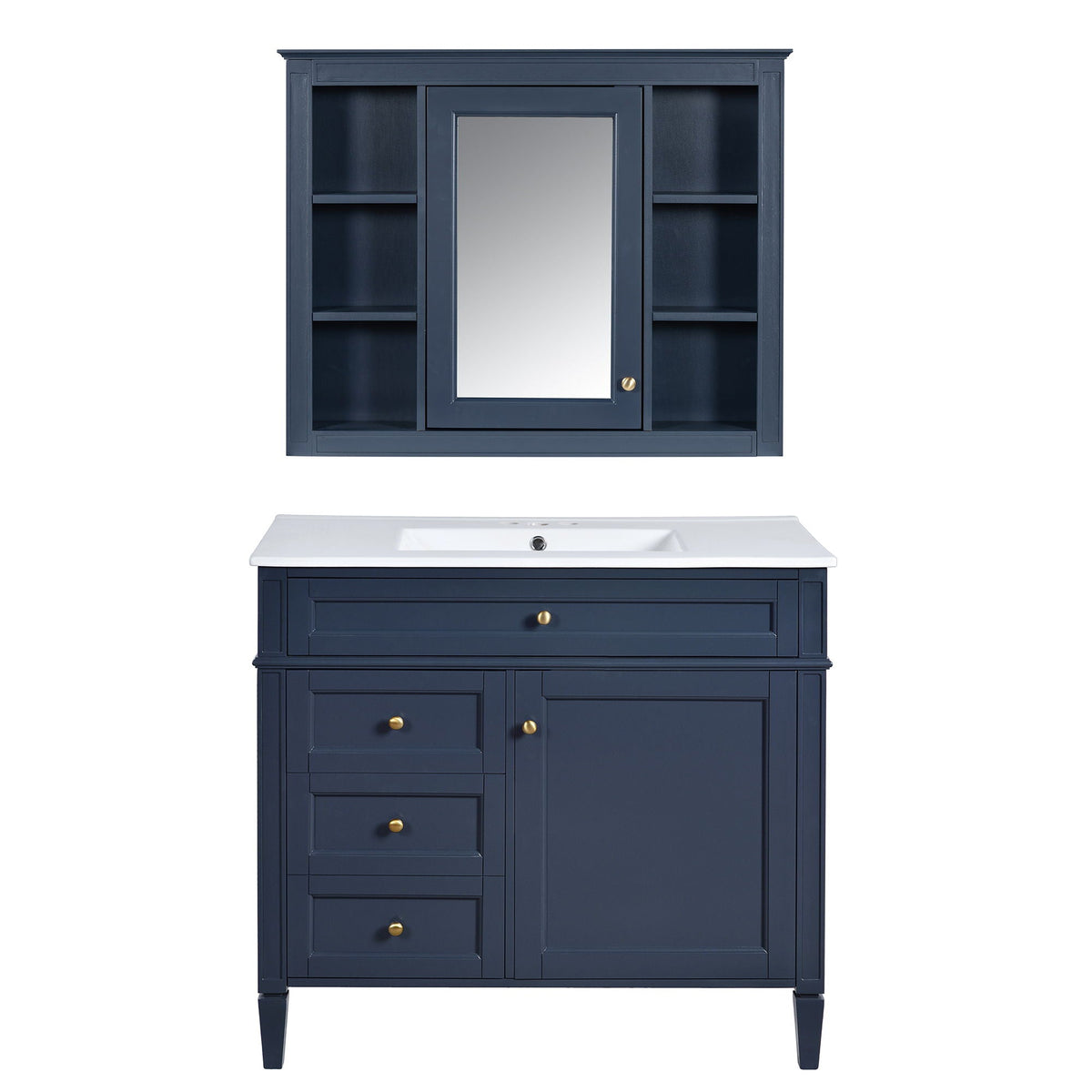 Bathroom Vanity With Mirror Cabinet, Single Sink With 2 Soft Closing Doors And 4 Drawers