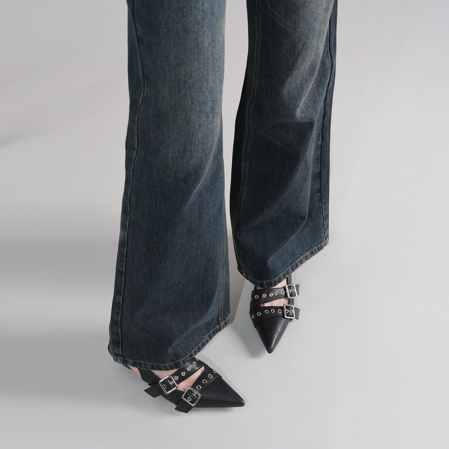 Black Punk Double Buckle Eyelet Pointed Toe Slingback Flat Mules For Women, Vintage Backless Slide Sandals