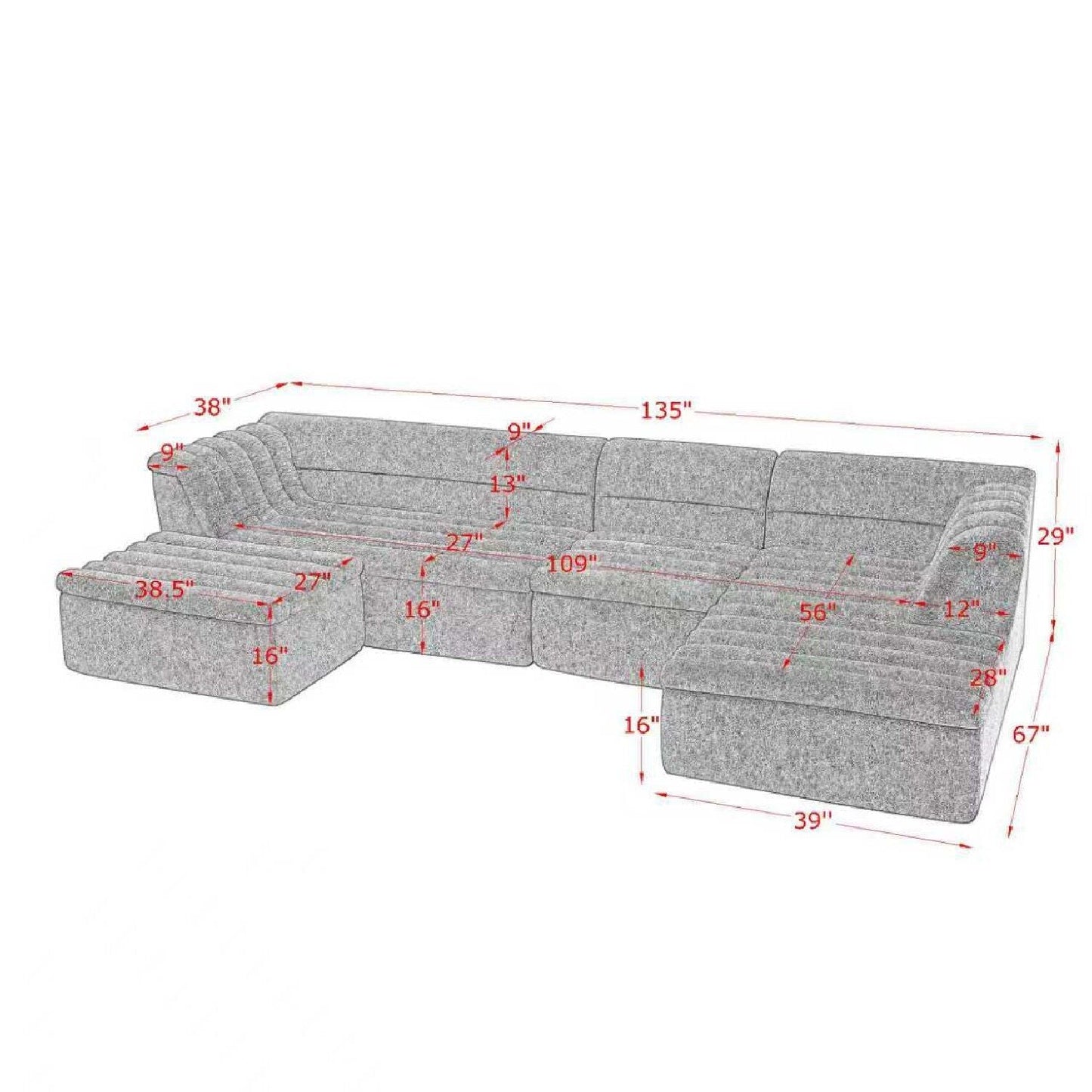 U-Shaped Modular Sectional Sofa With Chaise And Movable Ottoman With Wave-Shaped Armrest