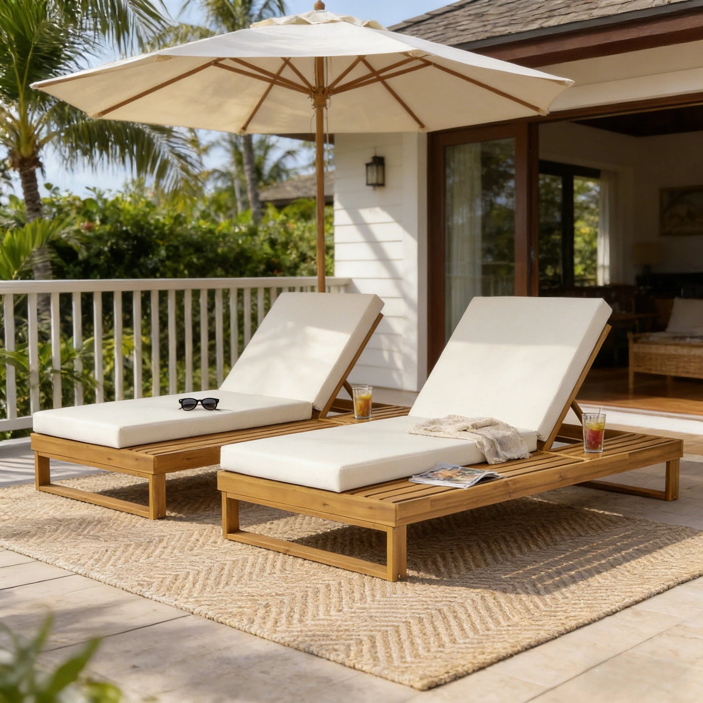 Teak Finish Acacia Wood Chaise Lounge with 4-Inch Cushion