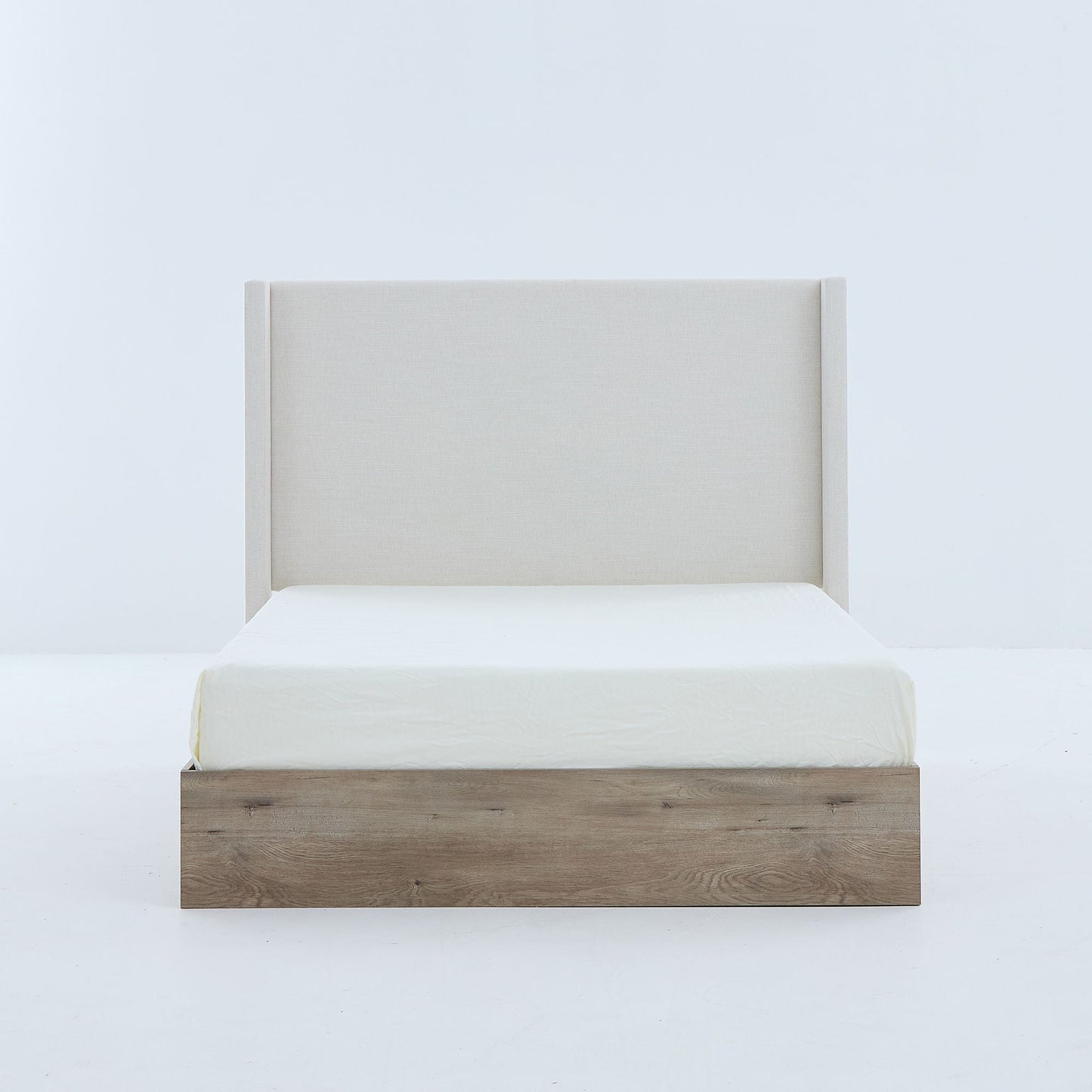 Shelton - Queen Upholstered Wingback Bed With 54" High Headboard - Ivory / Light Gray / Camel Oak