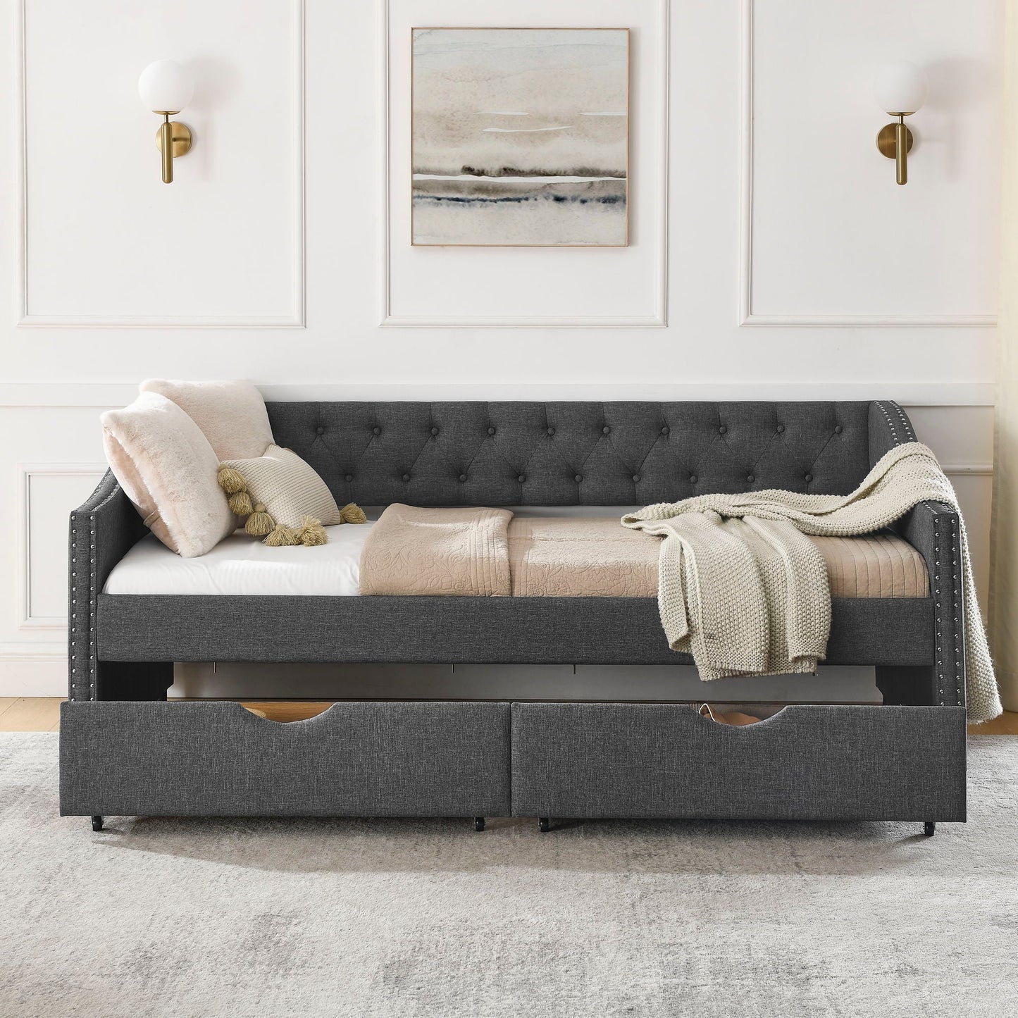 Upholstered Tufted Daybed With 2 Drawers, Waved Arms