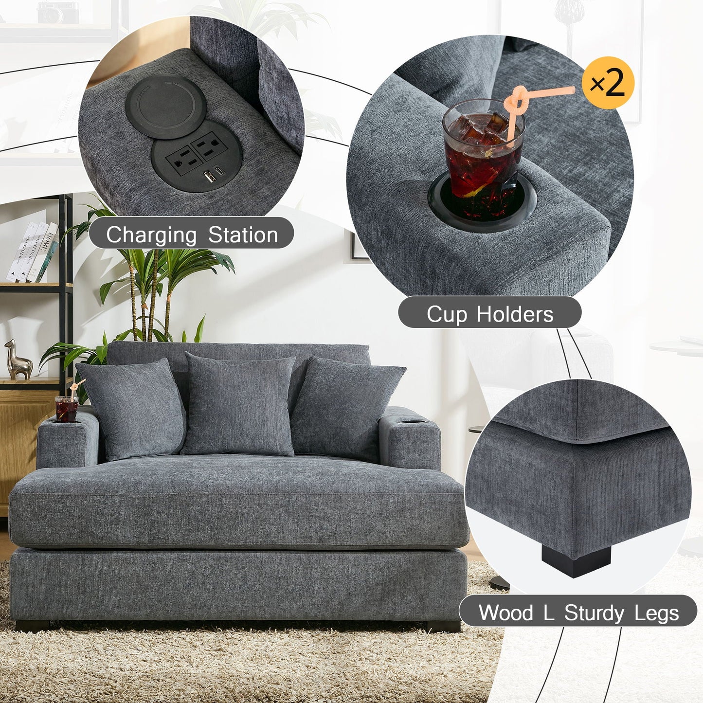 Oversized Chaise Lounger Modern Style Sofa Couch With Pillows, Charge Station & Cup Holders