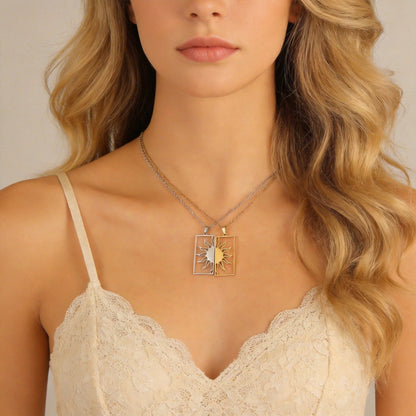 18K Gold Plated Sun Moon Hollow Geometric Square Pendant Stainless Steel Necklace