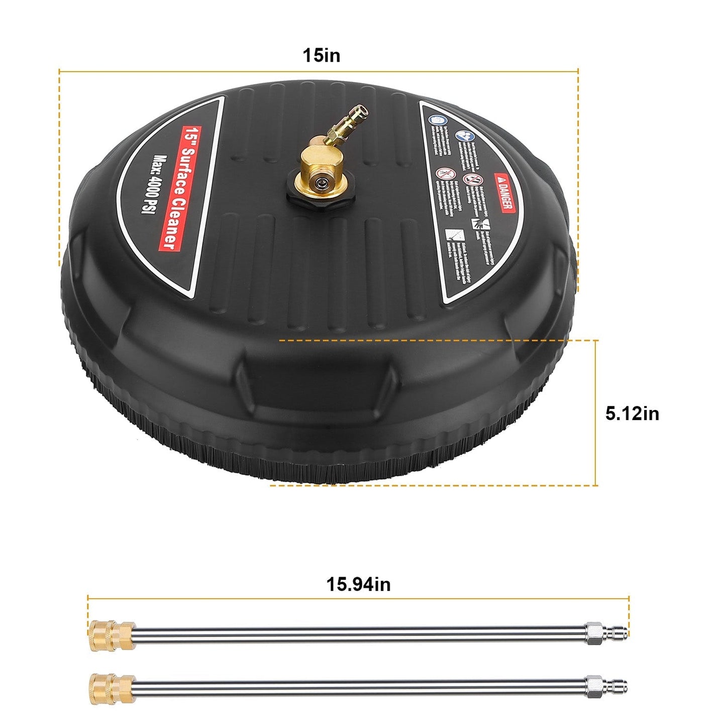 15in High Pressure Flat Surface Cleaner 4000PSI Disc Power Washer Broom w/ 2 Washer Extension Wands 2 x Replacement Nozzles