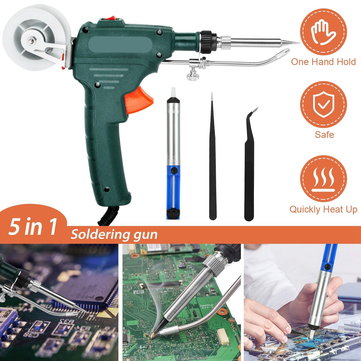 Soldering Iron Gun Kit 5 in 1 Automatic Hand-held 60W Soldering Feed Welding Tool w/ Bracket Desoldering Pump for Circuit-Board Welding Repair DIY