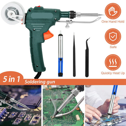 Soldering Iron Gun Kit 5 in 1 Automatic Hand-held 60W Soldering Feed Welding Tool w/ Bracket Desoldering Pump for Circuit-Board Welding Repair DIY