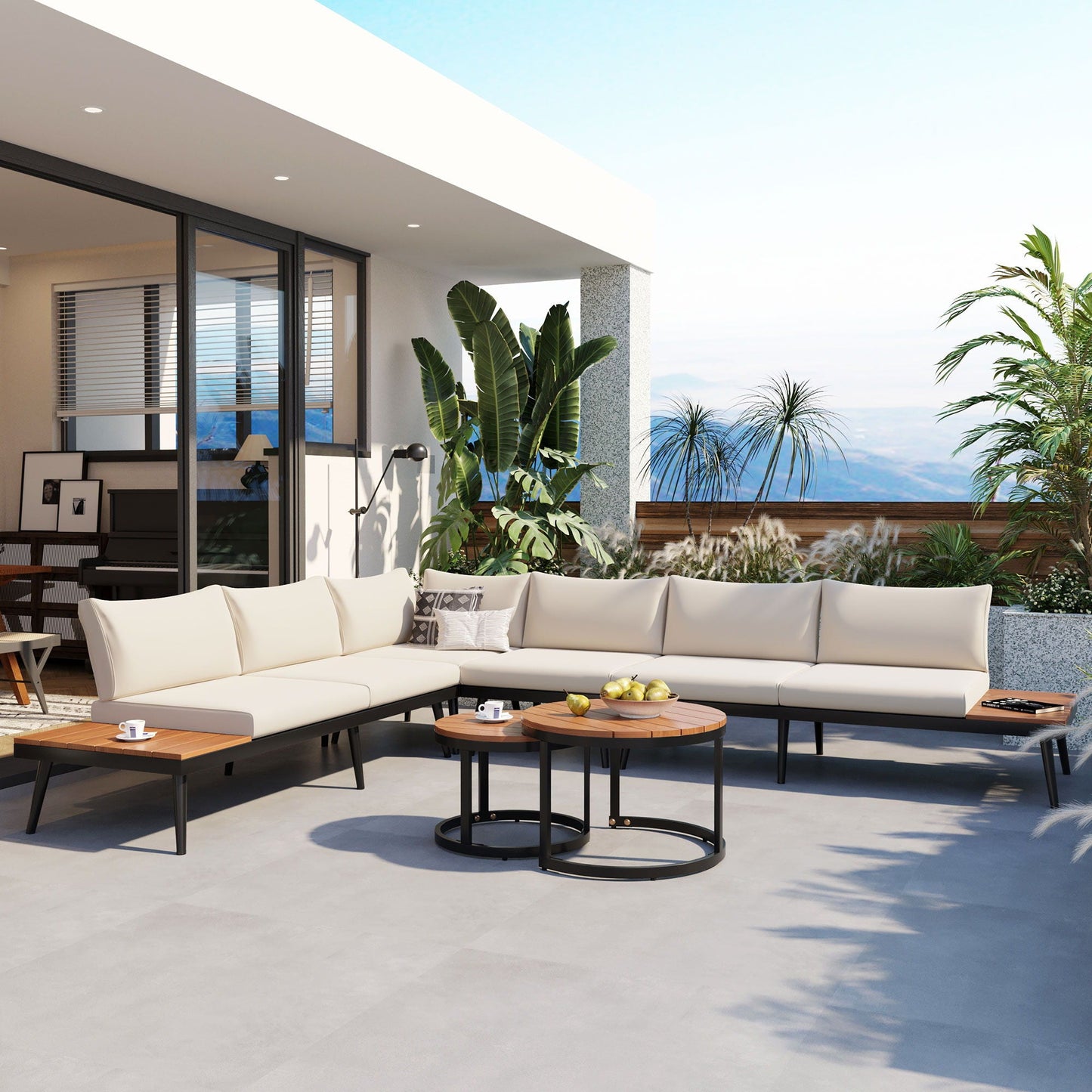 Modern Outdoor Sectional Sofa Set With Nesting Coffee Tables