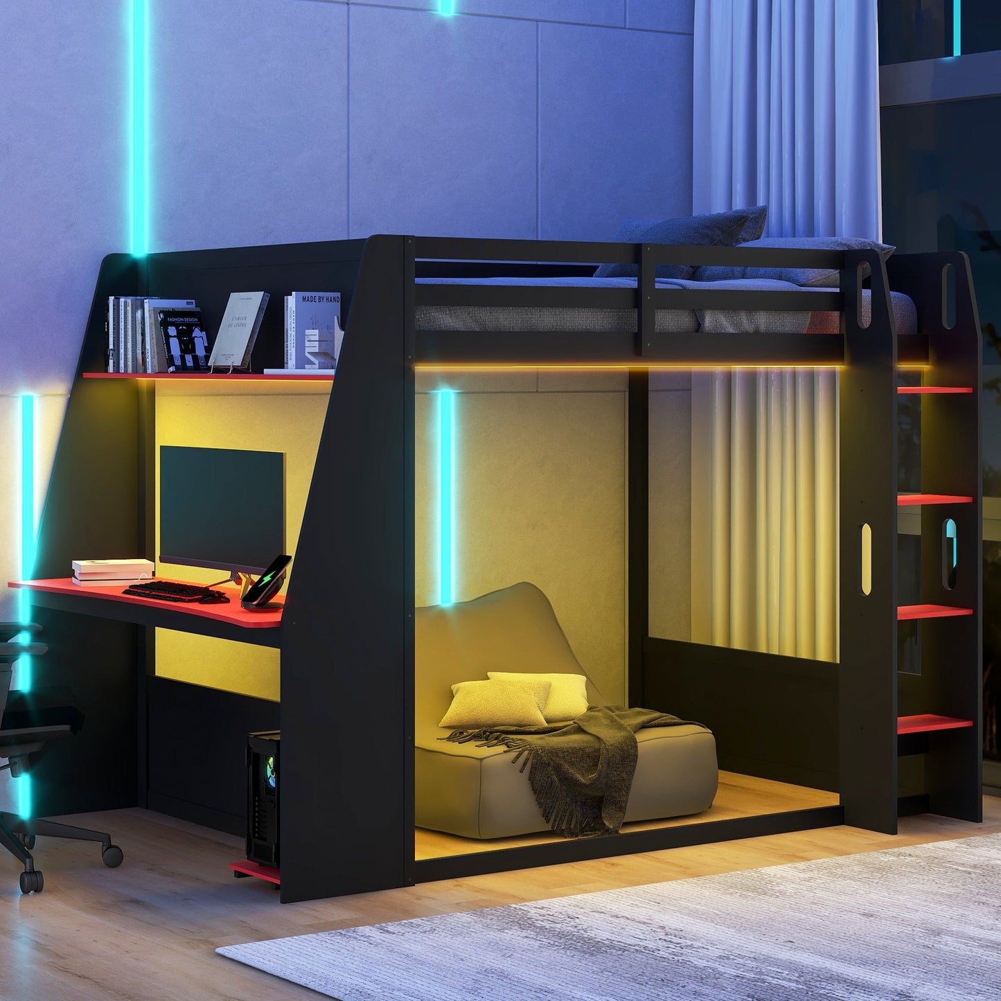 Full Size Wooden Gaming Bunk Bed with Desk, Two Storage Shelves, USB and LED Light