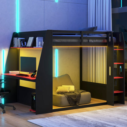 Full Size Wooden Gaming Bunk Bed with Desk, Two Storage Shelves, USB and LED Light