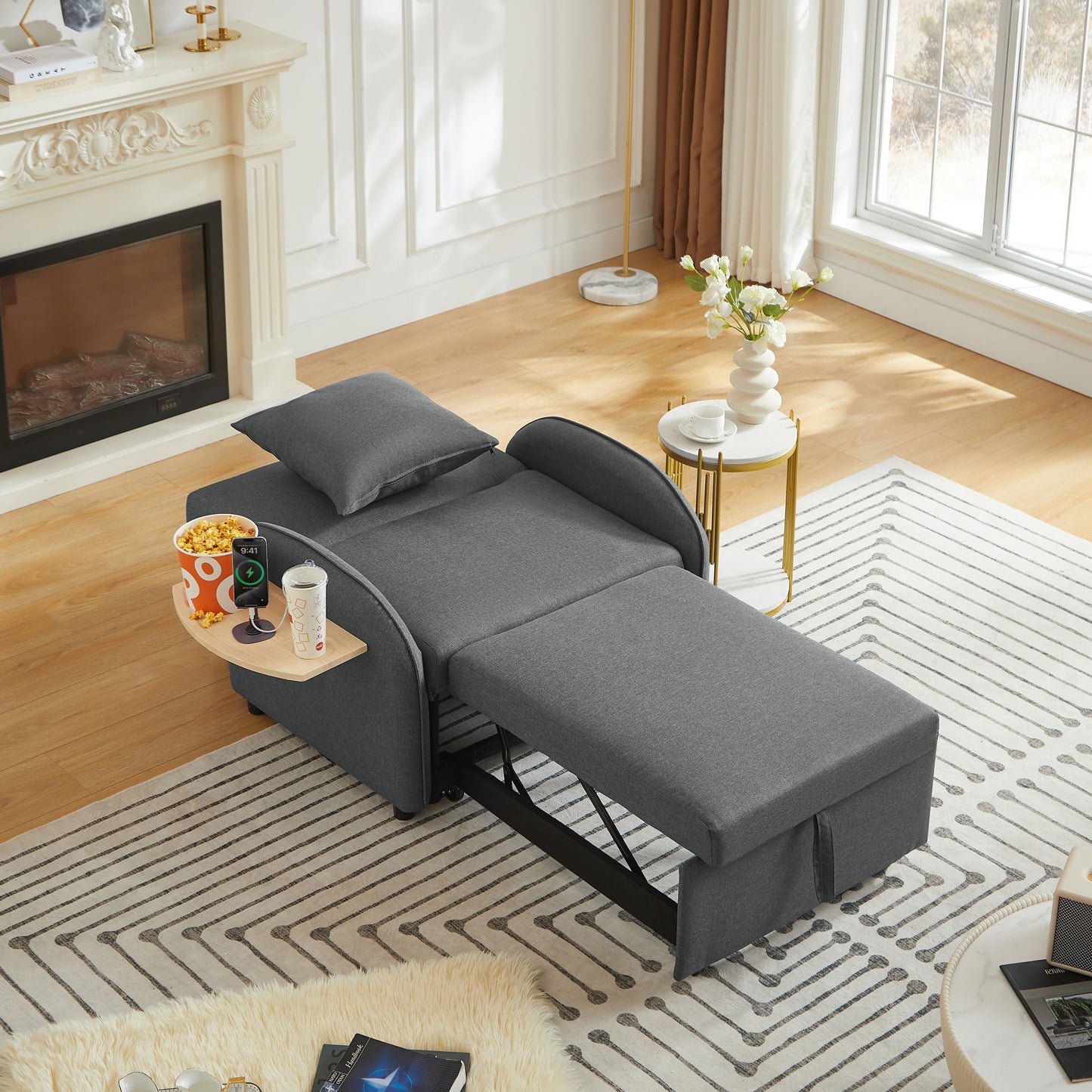 Sleeper Sofa Chair Bed, 3-In-1 Convertible with Adjustable Backrest & Foldable Table
