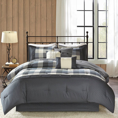 7 Piece Herringbone Comforter Set Grey Queen