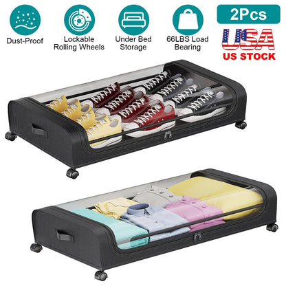 2Packs Under Bed Storage Containers Rolling Clothing Organizer 42L/11Gal Under BedÊDrawers with Clear Lid 360¡ Lockable Rolling Wheels Strap Handles