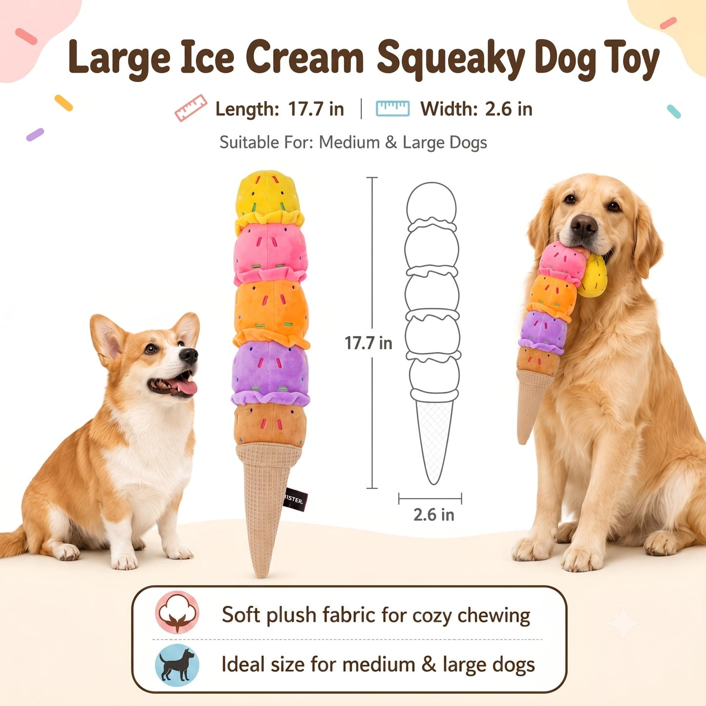 Squeaky Dog Plush Chew Toy, Interactive Tug Squeaky Toy For Chewers, Medium & Large Dogs & Fetch Play, 17.7 In Stuffed Rainbow Ice Cream Toy With Soft Short Plush For Gentle Gum Care & Boredom Relief