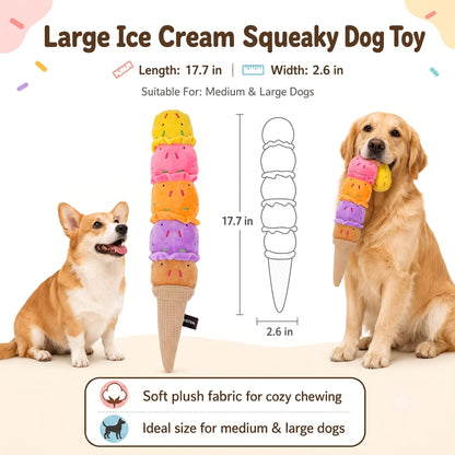 Squeaky Dog Plush Chew Toy, Interactive Tug Squeaky Toy For Chewers, Medium & Large Dogs & Fetch Play, 17.7 In Stuffed Rainbow Ice Cream Toy With Soft Short Plush For Gentle Gum Care & Boredom Relief