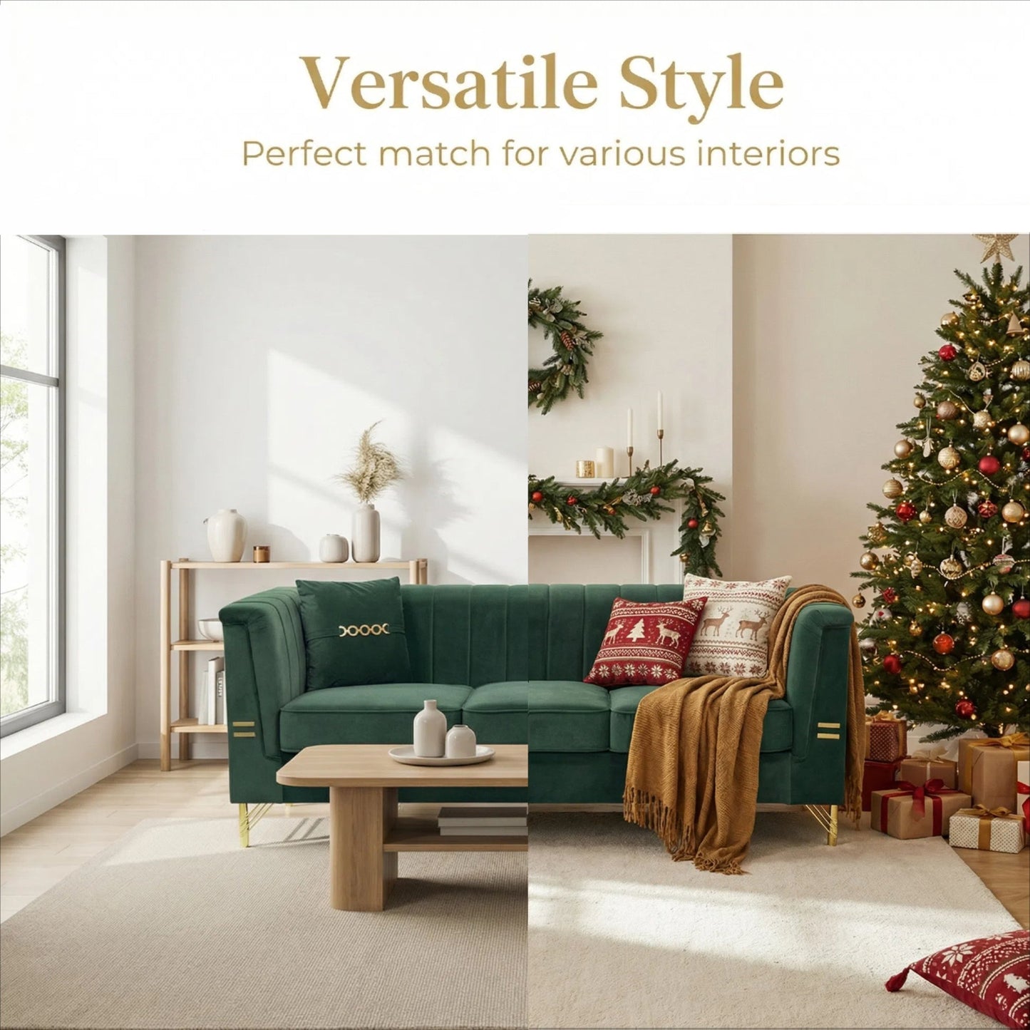 FX-P82-GR3 82.67" Modern Velvet 3-Seater Chesterfield Sofa with 2 Pillows